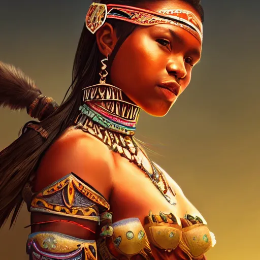 Image similar to hyperrealistic very beautiful tribal warrior women in front of a village, lucious appearance, joyful vibe and lighting, cgsociety, artstation, in the style of artgerm