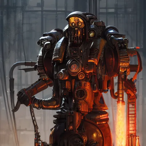 Image similar to portrait of adeptus mechanicus techpriest at a forge, by cedric peyravernay and feng zhu, highly detailed, excellent composition, cinematic concept art, dramatic lighting, trending on artstation