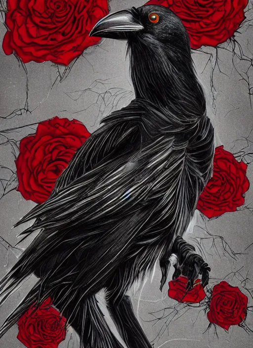 Image similar to portrait, A crow with red eyes in front of the full big moon, book cover, red roses, red white black colors, establishing shot, extremly high detail, foto realistic, cinematic lighting, pen and ink, intricate line drawings, by Yoshitaka Amano, Ruan Jia, Kentaro Miura, Artgerm, post processed, concept art, artstation, matte painting, style by eddie mendoza, raphael lacoste, alex ross