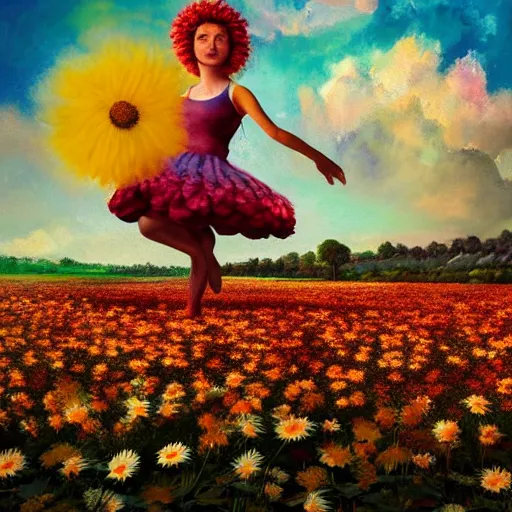 Image similar to giant daisy flower as head, girl dancing in a flower field, surreal photography, sunrise, dramatic light, impressionist painting, colorful clouds, digital painting, artstation, simon stalenhag