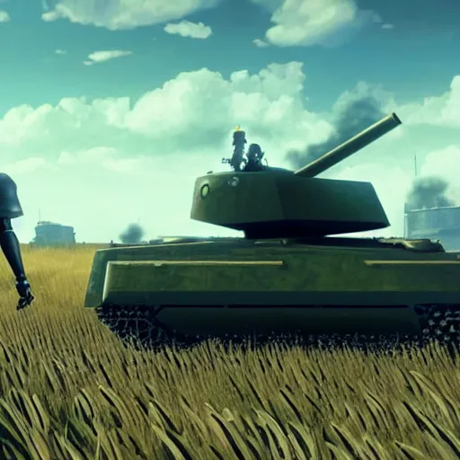 Image similar to a very high resolution image from nier : automata, featuring 9 s android destroying a t 6 2 russian tank in yellow rye field under pure blue skies