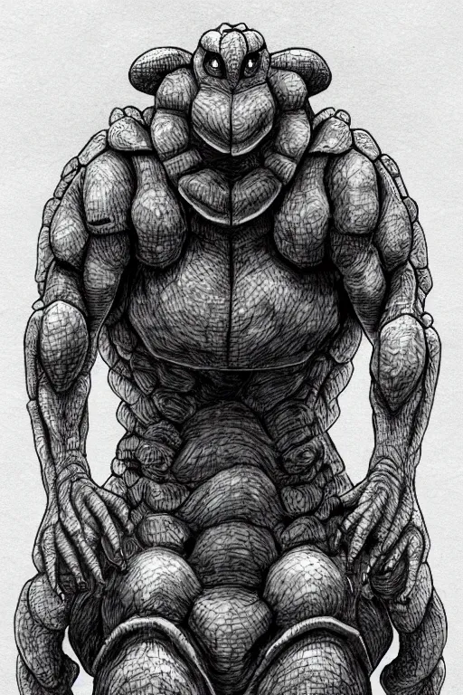 Image similar to tortoise humanoid figure monster, symmetrical, highly detailed, digital art, sharp focus, trending on art station, kentaro miura manga art style