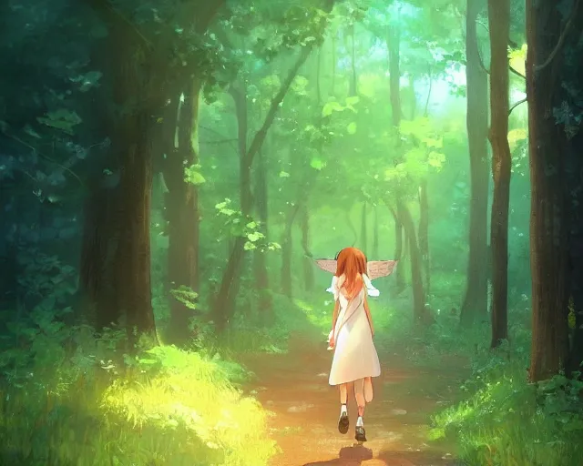 Image similar to an angel walking through the woods, an angel walking through the woods, holy aura, mystical, hopeful, soft lighting, atmospheric lighting By Makoto Shinkai, trending on ArtStation, digital art.
