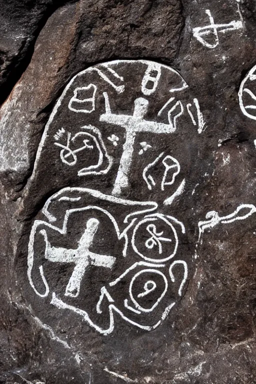 Image similar to 4 k photography of petroglyphs representing crosses, ufo, yin yang symbol on a cave