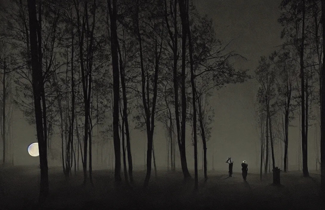 Image similar to virtuoso painting moon visible through the trees fine art radiating line compositions intact flawless ambrotype from 4 k criterion collection remastered cinematography gory horror film, ominous lighting, evil theme wow photo realistic postprocessing vertiginous render by gregory crewdson