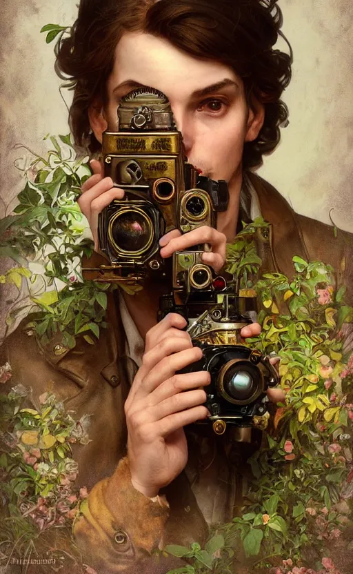 Image similar to hyper realistic male photographer looking through a vintage steampunk medium format camera, design on white background, beautiful details, lush foliage cyberpunk, gold, drawn by john singer sargent, tom bagshaw, norman rockwell, alphonso mucha, lolish, trending on artstation