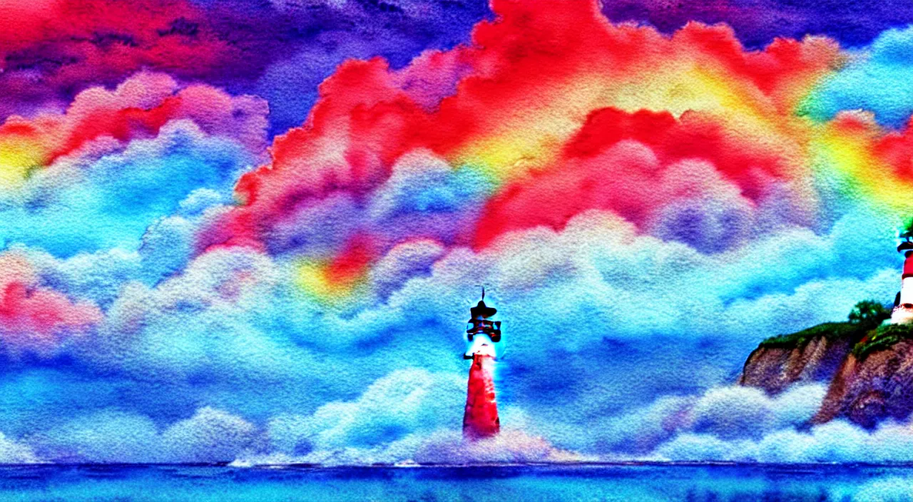 Image similar to A beautiful landscape with rainbow smoke plumes, cyan cliffs, a crimson lighthouse, vivid landscape, award-winning anime style, wallpaper, relaxing, Watercolor expressionist