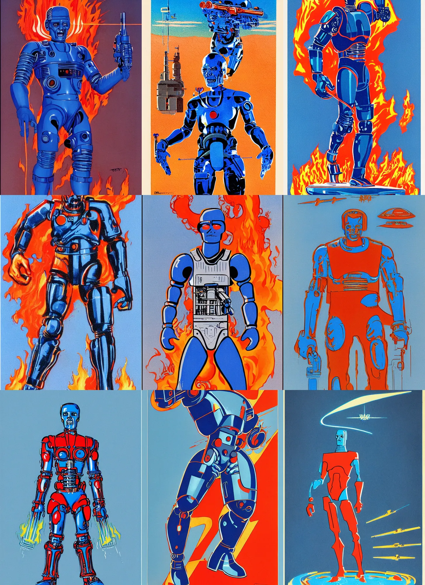 Prompt: full body concept illustration of a retro sci - fi flat colored blue humanoid terminator by robert mccall, flat red colored flames