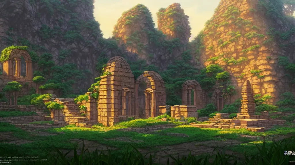 Image similar to ancient monastery ruins, studio ghibli, pixar and disney animation, sharp, rendered in unreal engine 5, highly detailed, digital painting, artstation, concept art, smooth, sharp focus, illustration, wide angle, artbook, wallpaper, splash art, promo art, dramatic lighting, art by artgerm and greg rutkowski and bo chen and jin xiaodi