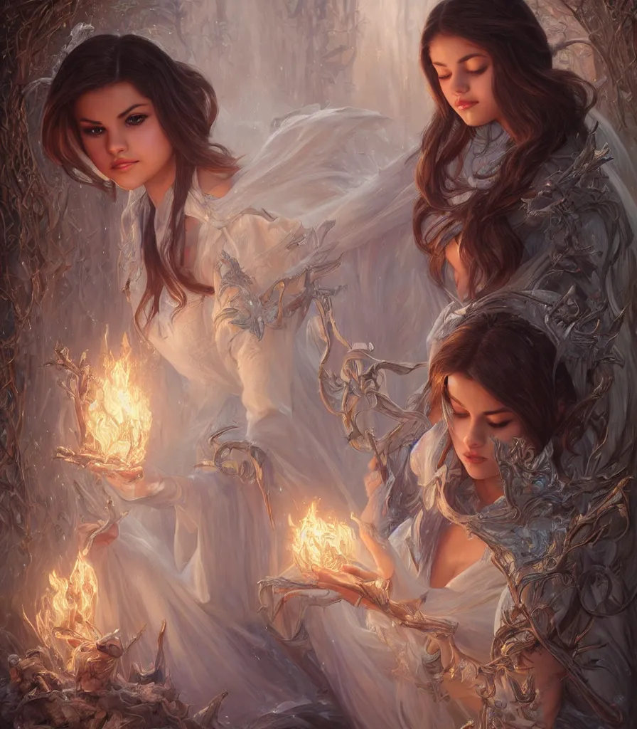 Image similar to Selena Gomez casting an frost spell, D&D, fantasy, intricate, elegant, highly detailed, digital painting, artstation, concept art, matte, sharp focus, illustration, hearthstone, art by Artgerm and Greg Rutkowski and Alphonse Mucha