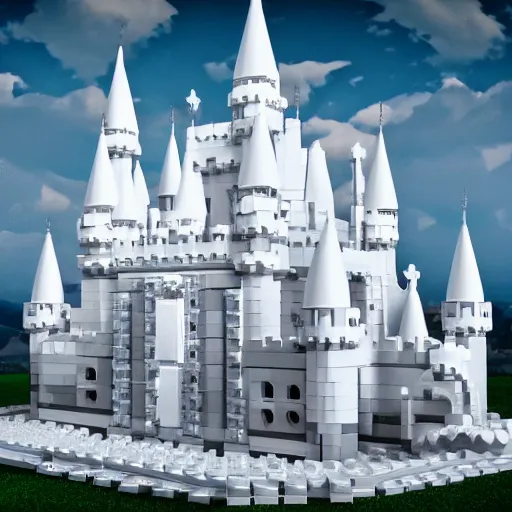 Prompt: an amazing white fantasy castle with towers and spiers, bricks, like white marble and built entirely using lego,, 3 d render, unreal engine trending on artstation, top selection on unsplash.