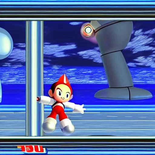 Prompt: astro boy vs. mega man, the video game, 2 0 0 2, 3 d cgi action adventure game, nintendo gamecube screenshot