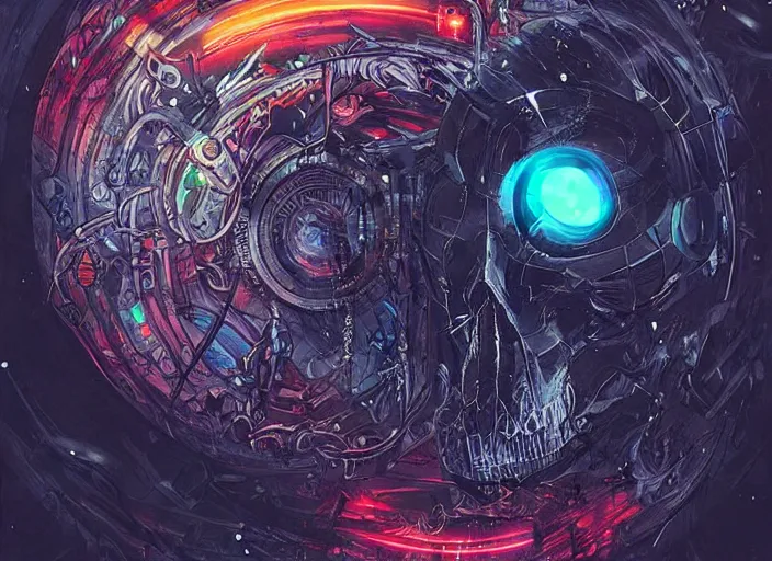 Image similar to a futuristic skull with glowing eyes and a wormhole tunnel cyberpunk art by android jones