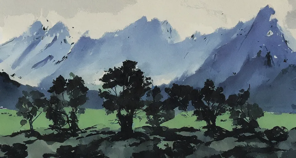 Prompt: a beautiful landscape with trees and mountains, by ashley wood