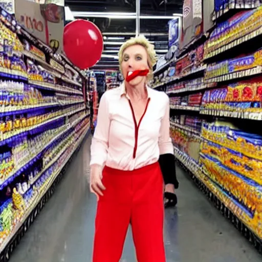 Image similar to jane lynch stubs her toe on a red clown nose, at walmart