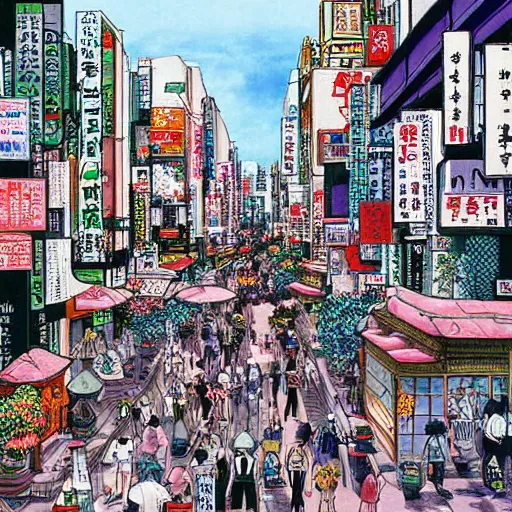 Prompt: a beautiful painting of a city street in tokyo by hirohiko araki, detailed line art, jojos bizarre adventure
