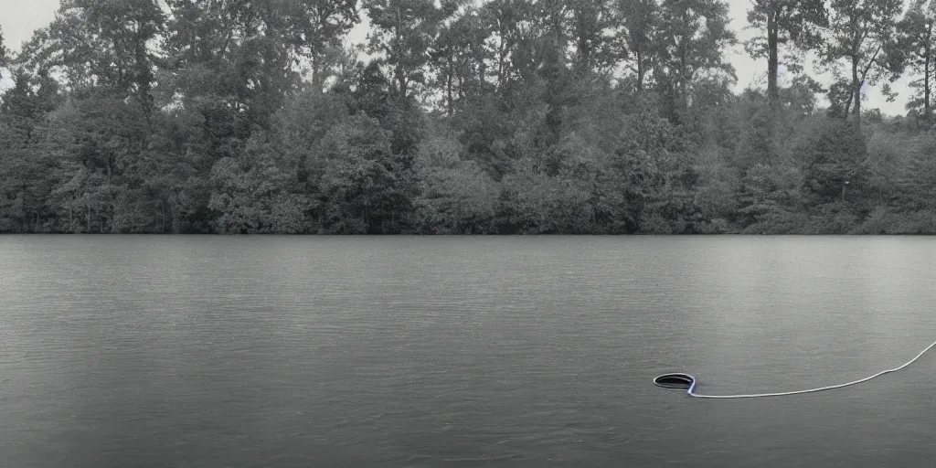 Image similar to centered subjected photograph of a long infinite rope snaking across the surface of the water, stretching out towards the center of the lake, a dark lake on a cloudy day, trees in the background, anamorphic lens