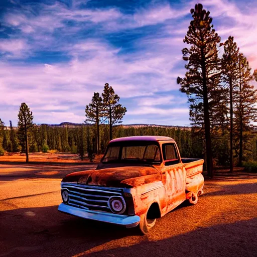 Prompt: sunset light landscape with bryce canyon, lots of sparkling details and sun ray ’ s, blinding backlight, smoke, volumetric lighting, colorful, octane, 3 5 mm, abandoned gas station, old rusty pickup - truck, beautiful epic colored reflections, very colorful heavenly, softlight