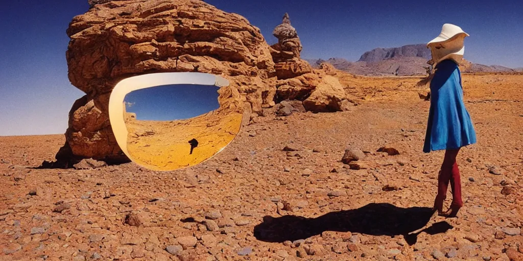 Prompt: levitating woman with full - face golden mask in a infinite dry rocky desert landscape, visible sky and sunny atmosphere, fata morgana and giant square mirrors by alejandro jodorowsky, anamorphic lens, kodakchrome, practical effects, masterpiece, 8 k