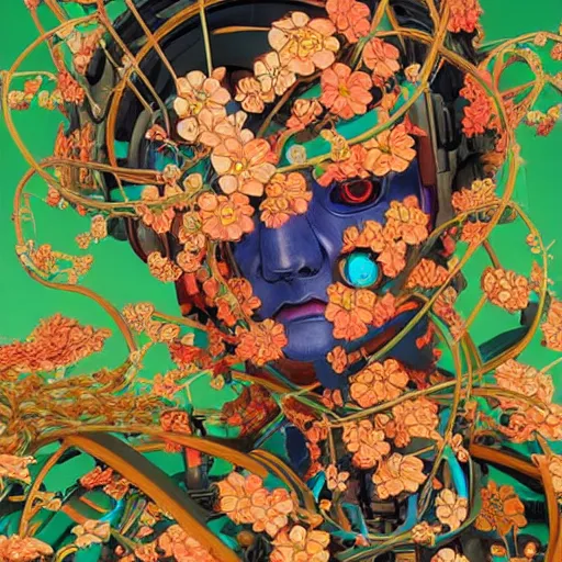 Image similar to colourful vfx art - portrait of army mecha robot wrapped in flowers & vines, art by utagawa kunisada & james jean, volumetric light, ray tracing, sharp, detailed, digital painting, illustration, highly detailed, intricate detail, unreal engine, octane render, global light, pinterest, behance, art station,