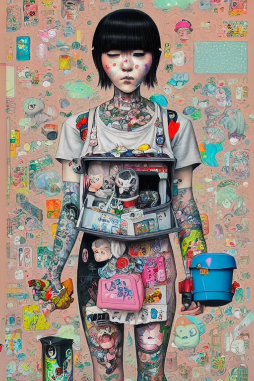 Image similar to full view, from a distance, of anthropomorphic trashcan from japan, style of yoshii chie and hikari shimoda and martine johanna, highly detailed