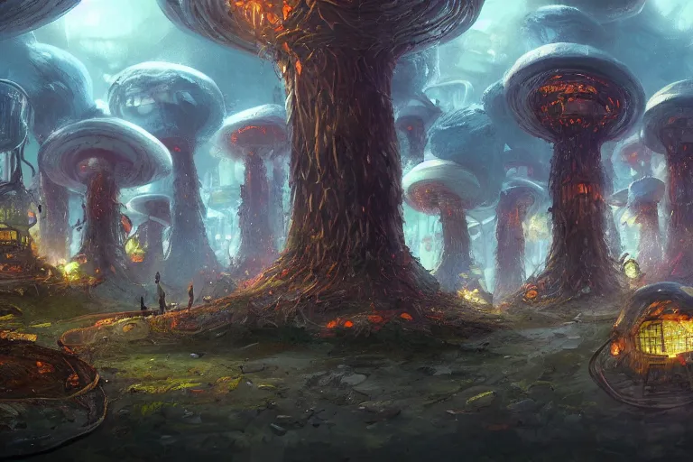 Prompt: a little city in a giant mushroom forest in the style of Tuomas Korpi concept art, 4K, UHD, High quality, Trending on Artstation HQ