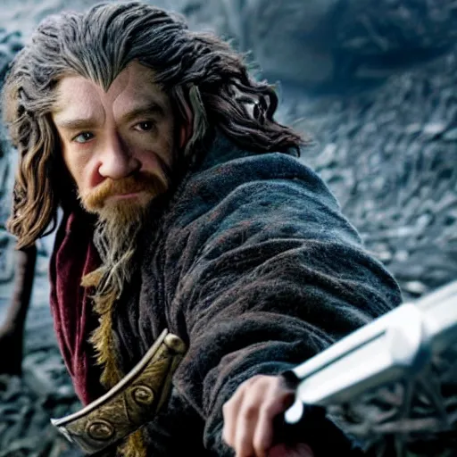 Prompt: deleted scene from the Hobbit Desolation of Smaug, Bilbo has a gun