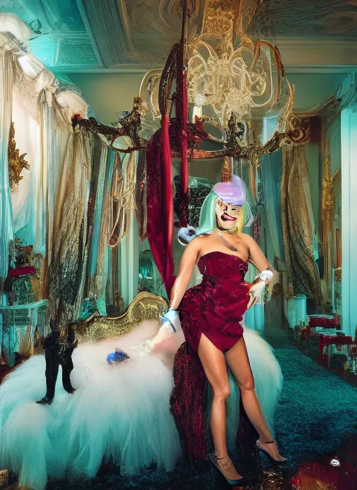 Image similar to lady gaga styled by david lachapelle posing in an expensive mansion setting , vogue magazine, Highly realistic. High resolution. Highly detailed. Dramatic. 8k.4k.