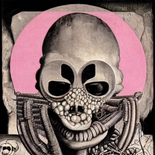 Image similar to post - punk album cover, asymmetrical design, dollar bank, new age, apocalypse, psychedelic, black white pink, magic, giger h. r., giuseppe arcimboldo