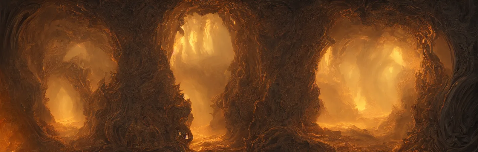 Image similar to Paintings based on the gates of hell, intricate, elegant, fantasy, highly detailed, digital painting, shallow focus, illustration, beautiful volumetric lighting, epic light, trending on Artstation.