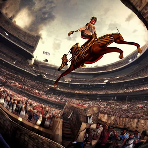 Prompt: roman horsedrawn chariot racer jumping high on half pipe, fish eye, tony hawk, video game