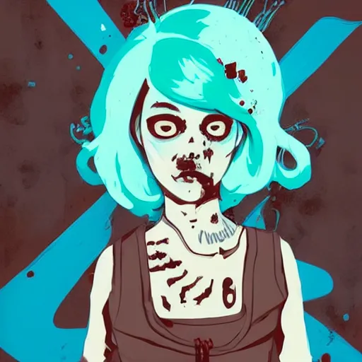 Image similar to Highly detailed portrait of a punk zombie young lady by Atey Ghailan, by Loish, by Bryan Lee O'Malley, by Cliff Chiang, inspired by iZombie, inspired by graphic novel cover art !!!electric blue, brown, black and white color scheme ((grafitti tag brick wall background))