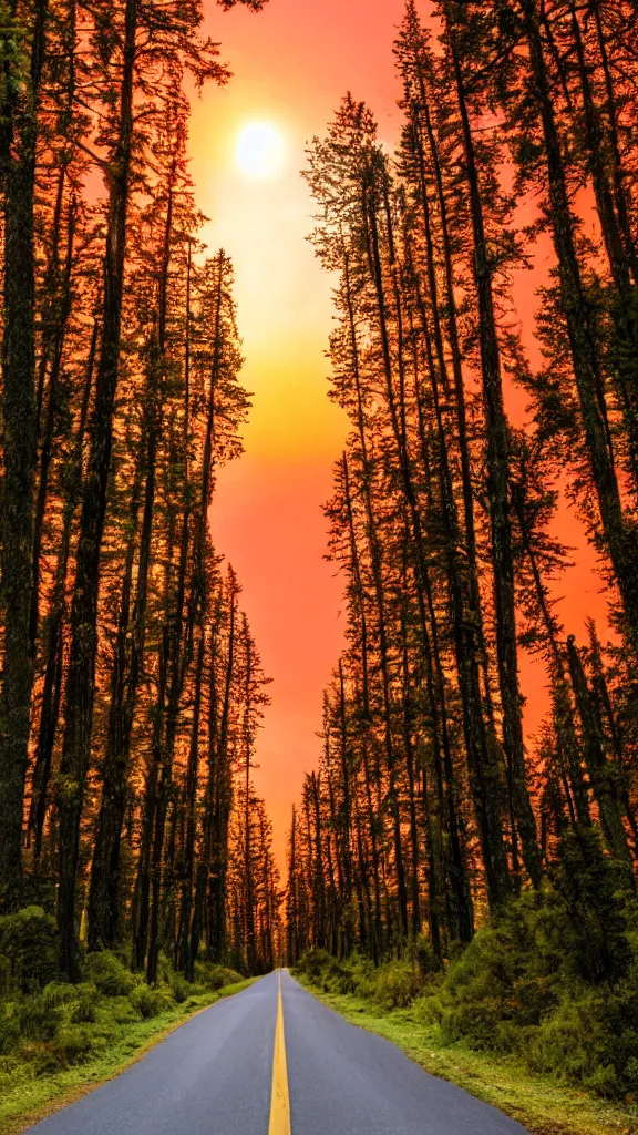 Image similar to beautiful sunset with a road of aligned trees, epic stock photo