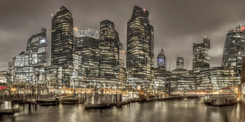 Prompt: high quality night photograph of docklands in london, dimly lit cirrus clouds, long exposure, architecture photography, ultrawide image