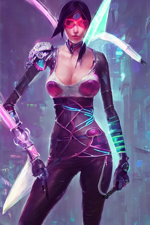 Image similar to fiora from league of legends, cyberpunk futuristic neon. fencing, long sword in her hand, decorated with traditional japanese ornaments by ismail inceoglu dragan bibin hans thoma greg rutkowski alexandros pyromallis nekro rene maritte illustrated, perfect face, fine details, realistic shaded, fine - face, pretty face, masterpiece