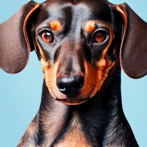 Image similar to portrait of a dachshund human hybrid, studio lighting, realistic, detailed