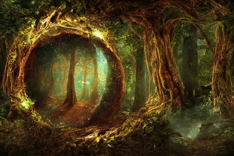 Image similar to A cosmic portal inside an enchanted forest. Cinematic lighting. Photorealism.