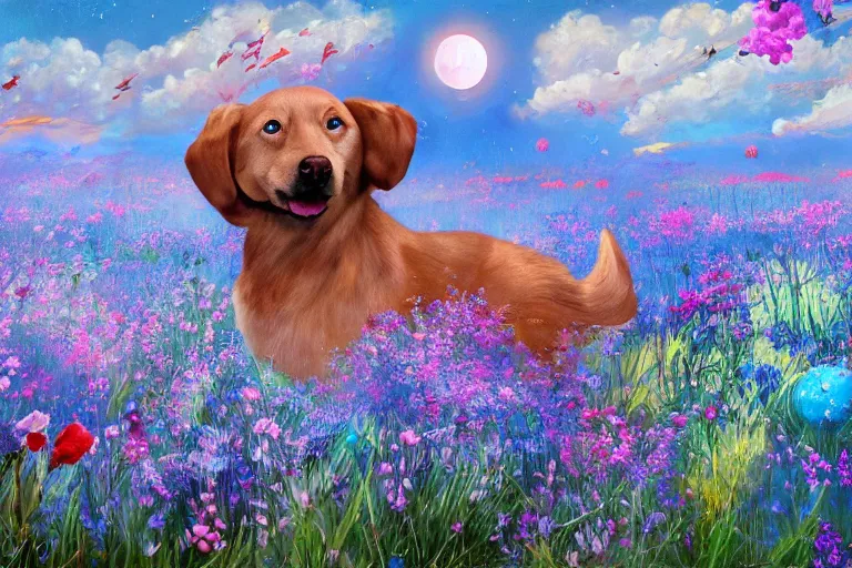 Image similar to beautiful painting robot dogs playing in a stunning field of flowers, blue sky, huge multiple moons by phil foglio and vincent dutrait, trending on artstation, hdr
