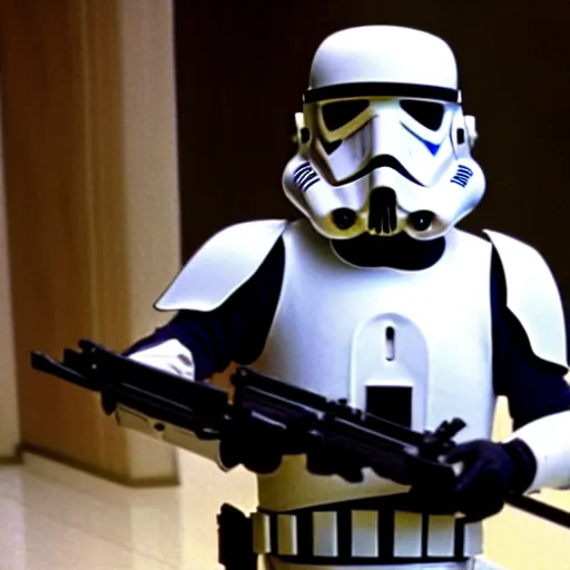 Image similar to mr. bean as a stormtrooper from star wars. movie still. cinematic lighting.