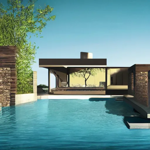 Image similar to architectural rendering of habitat 6 7 in the desert, biophilia mood, pool, garden