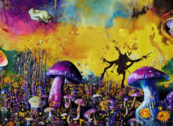 Prompt: expressionistic decollage painting golden armor alien zombie horseman riding on a translucent bone dragon broken rainbow diamond maggot horse in a blossoming meadow full of colorful mushrooms and golden foil toad blobs in a golden sunset, distant forest horizon, painted by Adrian Ghenie, Danny Fox and Hilma af Klint, pixelated, buff, color field painting, graffiti tag, byzantine art, pop art feel, naive. Mark Rothko painting, part by Philip Guston and Frank Stella art by Barnett Newman, 8k, extreme detail, intricate detail, masterpiece