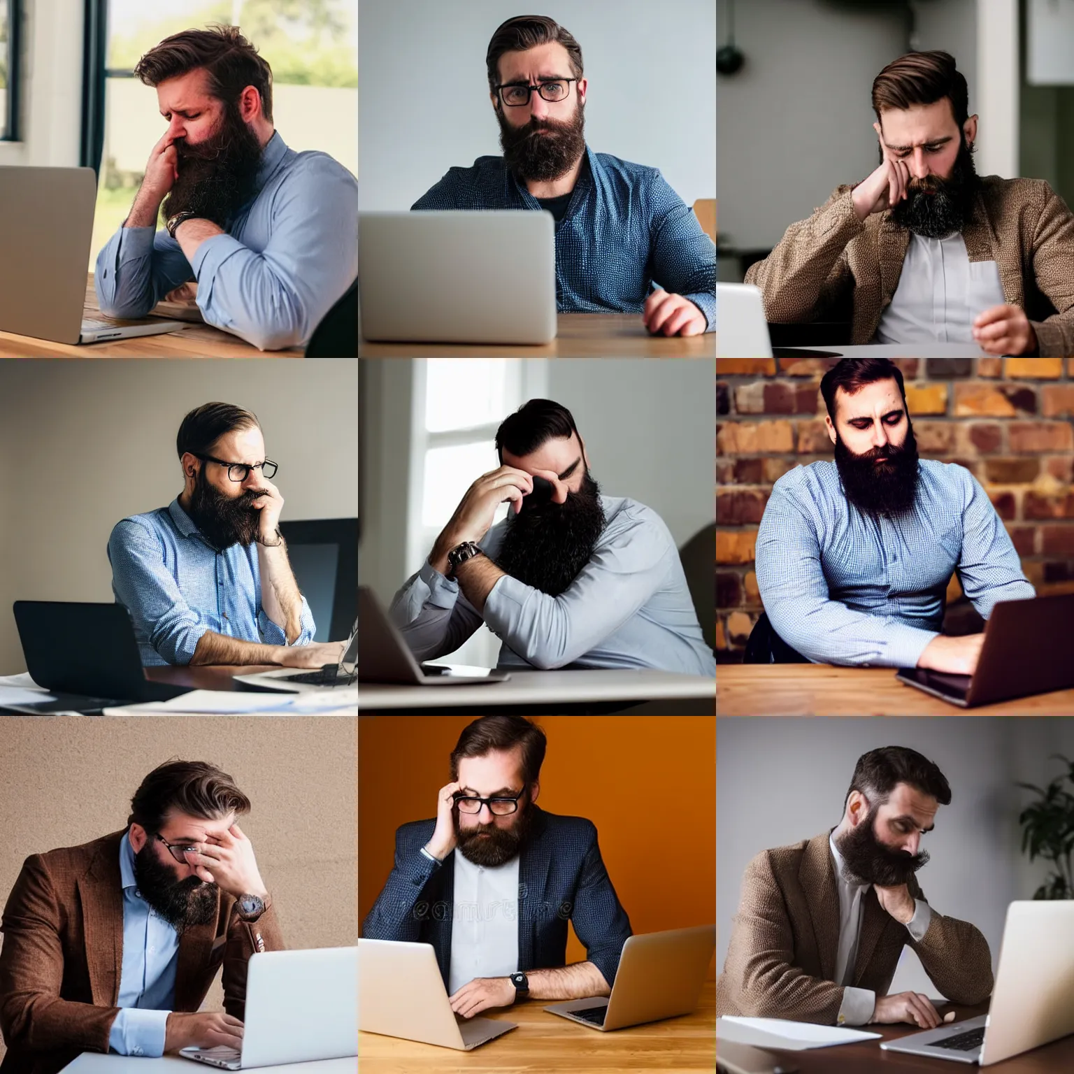 Prompt: a consultant with a beard and brown hair, sitting in front of his laptop, frustrated, waiting, depressed, high quality photograph, award winning