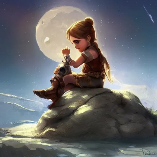 Prompt: cute littleemma watson sitting on the moon, fantasy, concept art, artstation, tyler edlin, feng zhu, jparked, thomas karpi