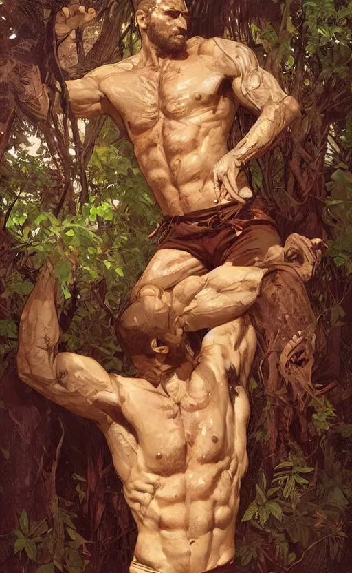 Image similar to god of the forest, 30 years old, rugged, male, gorgeous gorgeous gorgeous, detailed face face face face, amazing, thighs thighs thighs thighs, muscular, intricate, highly detailed, digital painting, artstation, concept art, sharp focus, illustration, art by greg rutkowski and alphonse mucha