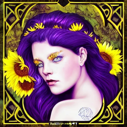 Prompt: a beautiful stunning matte digital portrait illustration of a blue-eyed woman with freckles and violet hair wearing a yellow sunflower crown, in the style of Ross Tran, art nouveau, trending on artstation, contest winner