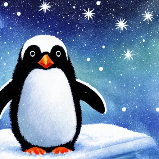 Prompt: cute fluffy happy baby penguin playing in snowy winter christmas landscape detailed painting 4K