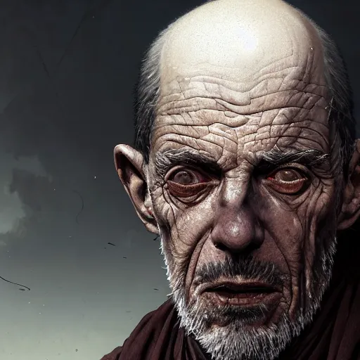 Prompt: portrait painting of a post - apocalyptic older american eyeless man wearing monk garbs with a scrap pauldron, ultra realistic, concept art, intricate details, eerie, highly detailed, photorealistic, octane render, 8 k, unreal engine. art by artgerm and greg rutkowski and charlie bowater and magali villeneuve and alphonse mucha