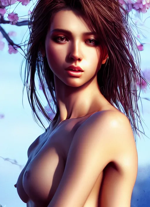 Image similar to photo of a gorgeous female with messy hair in the style of stefan kostic, realistic, body shot, sharp focus, 8 k high definition, insanely detailed, intricate, elegant, art by stanley lau and artgerm, cherry blossoms