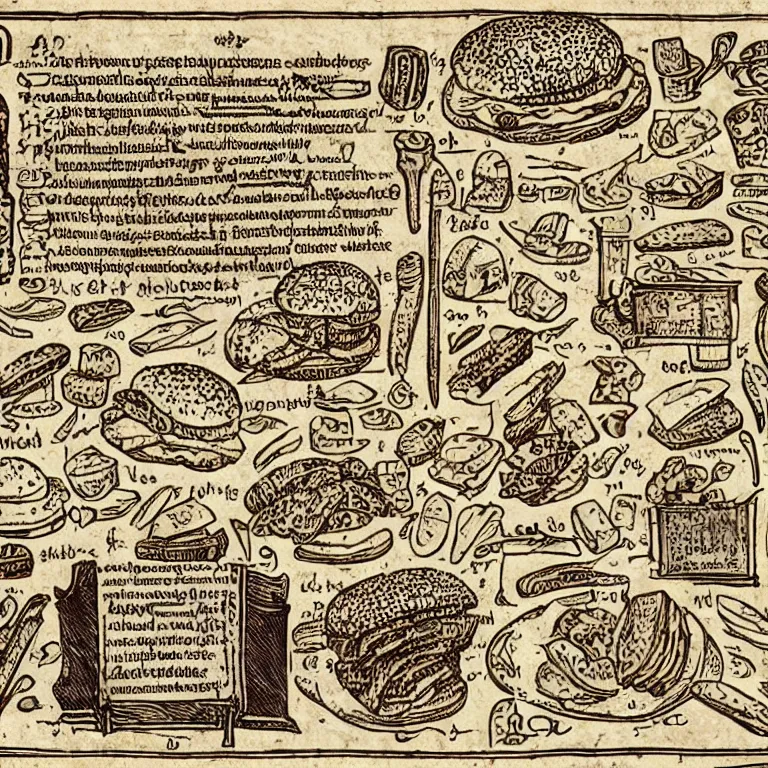 Image similar to middle age illustrated recipe for hamburger ( ( ( ( a bigmac hamburger ) ) ) ) lot of medieval enluminures in the background explaining the recipe, schematic in a notebook