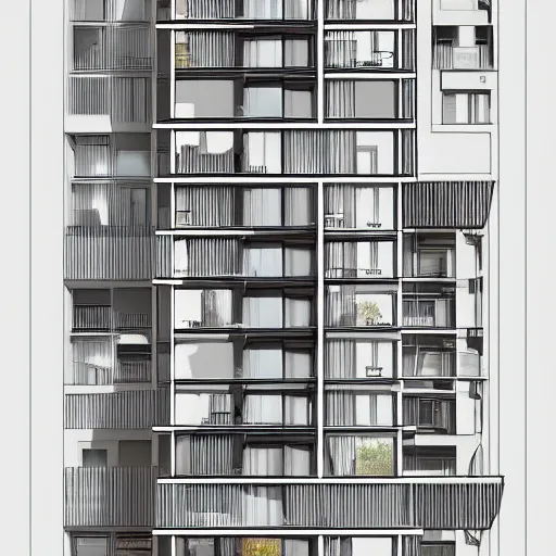 Prompt: cutaway drawing of an apartment building, view on the different flat, by studio muti